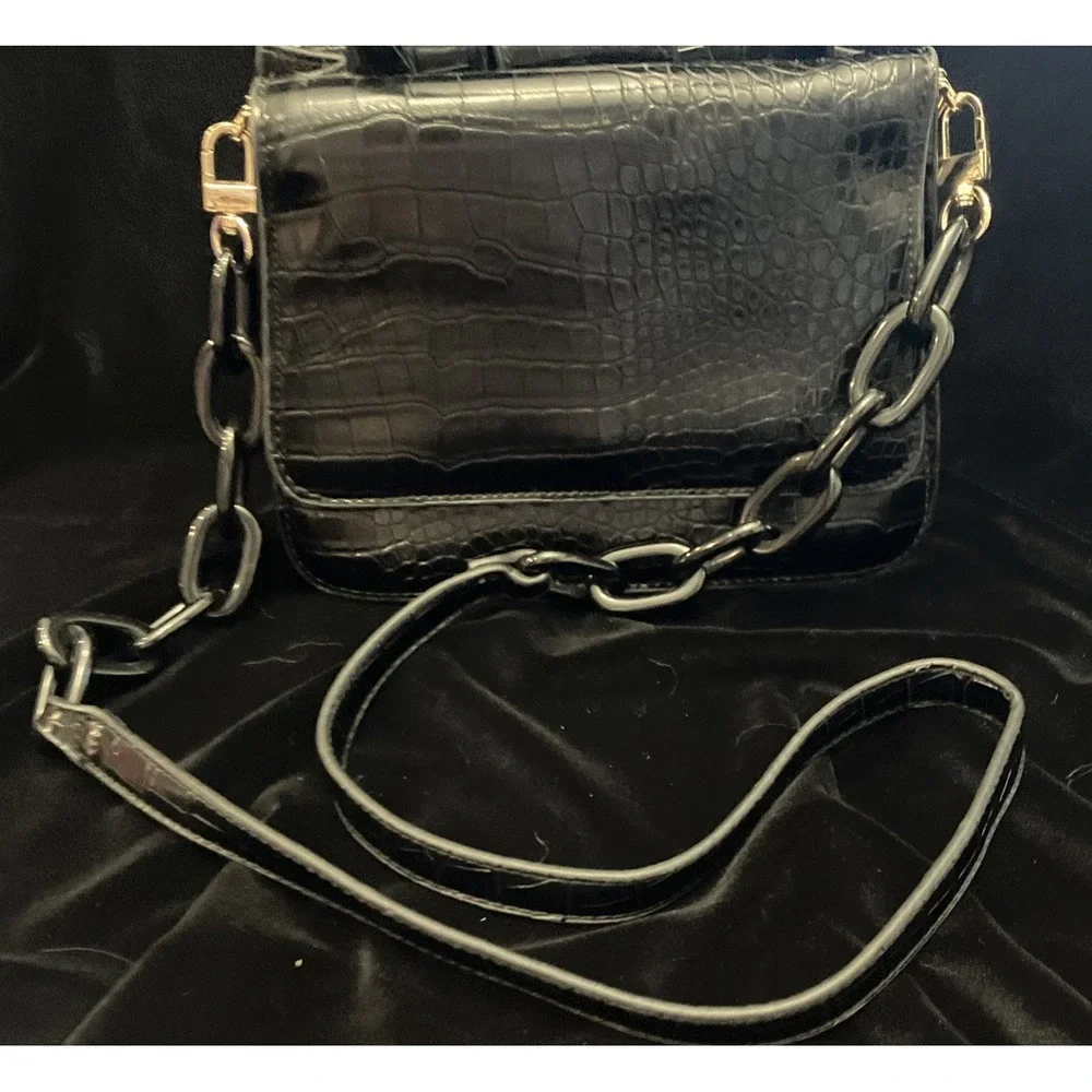 HOUSE OF WANT Newbie Satchel Bag Black Gold Hardware Croc Vegan Leather Purse